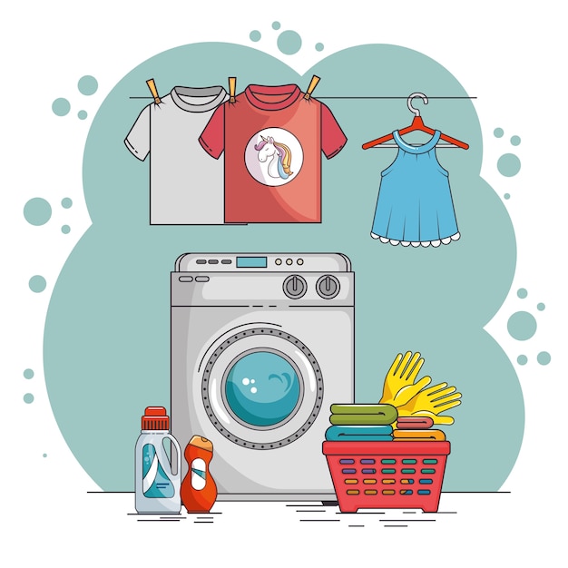 Vecteur buanderie avec machine à laver et vêtements