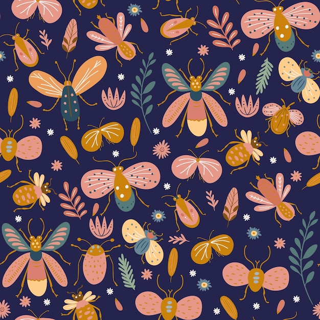 Bugs mignons de griffonnage et illustration vectorielle de papillon de nuit dessin animé enfants été insecte art de modèle sans couture