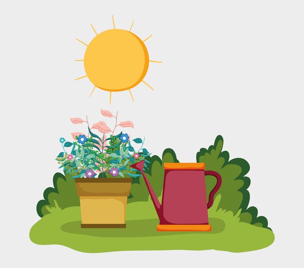 Buissons et branches plantes feuilles avec arrosoir