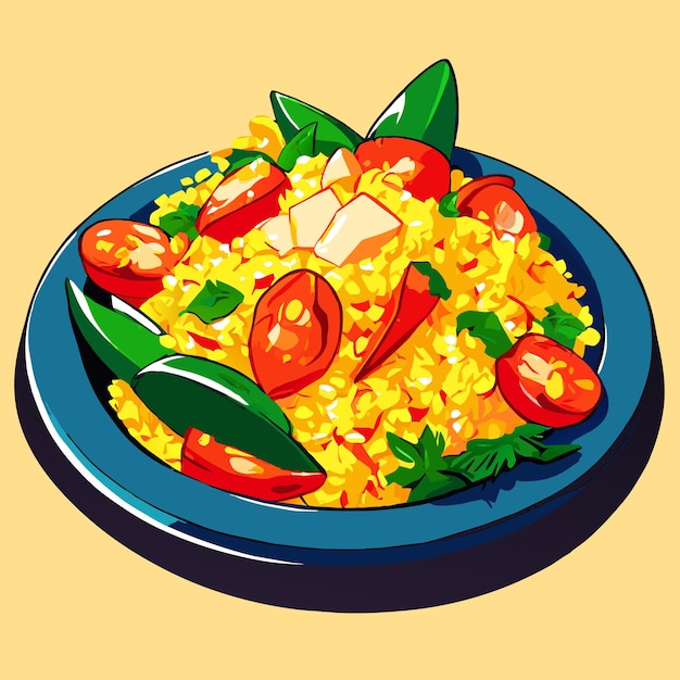 Vecteur bulgur pilaf avec des crevettes, des poivrons et des légumes verts sur une illustration vectorielle de plaque