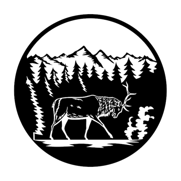 Vecteur bull ou wapiti dans le parc national des montagnes rocheuses colorado circle retro