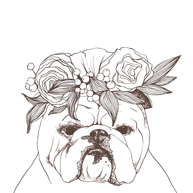 Bulldog Anglais Avec Bouquet De Fleurs