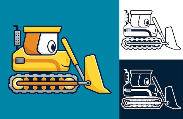 Vecteur bulldozer jaune drôle. illustration de dessin animé dans le style d'icône plate