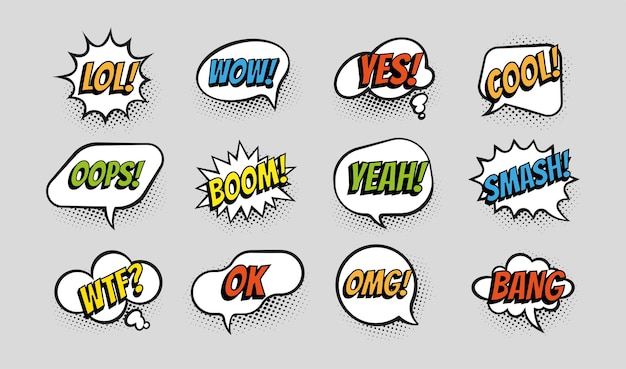 Bulle de bande dessinée Ballons de communication de style pop Éléments de dialogue avec texte et art graphique Effets Boom et Oops Wow ou Yeah réactions de dessin animé drôle Ensemble de symboles d'expression vectorielle
