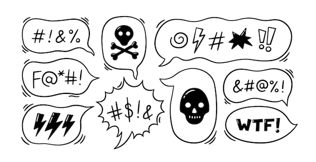 Bulle de dialogue comique avec des symboles de jurons. Bulle de dialogue dessinée à la main avec malédictions, éclairs, crâne, bombe et os. Illustration vectorielle isolée dans un style doodle sur fond blanc.