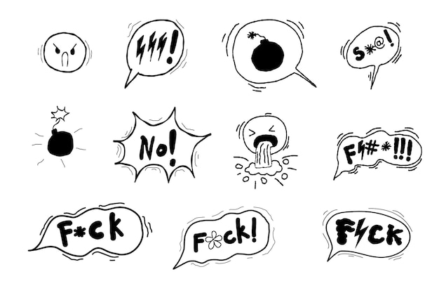 Bulle De Dialogue Jurons Mauvais Symboles Emoji Croquis Bulle De Dialogue Comique En Colère Doodle Dessinés à La Main