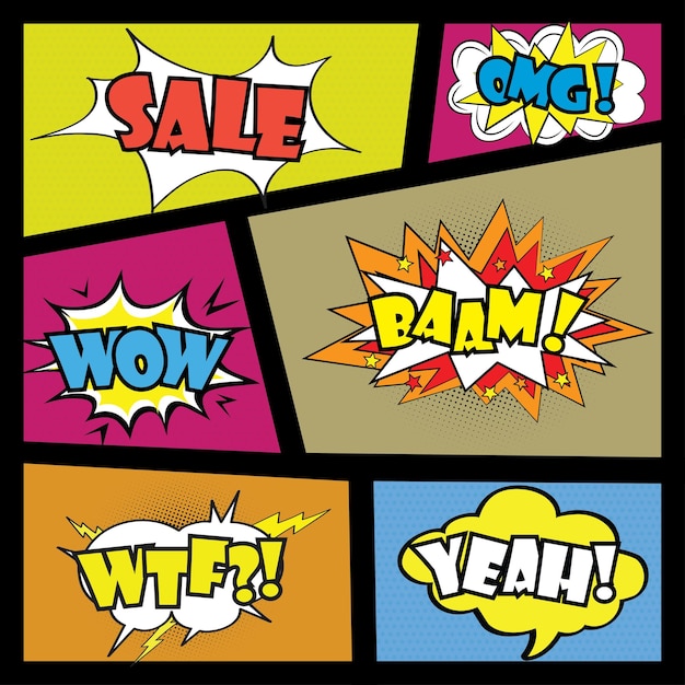 Bulle de discours de bandes dessinées avec des expressions autocollants ensemble d'illustration vectorielle de stock