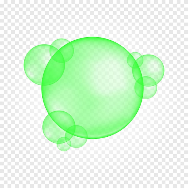 Bulles brillantes vertes boules verdoyantes pures d'huile d'aloès vitamine E goutte d'olive sur fond transparent