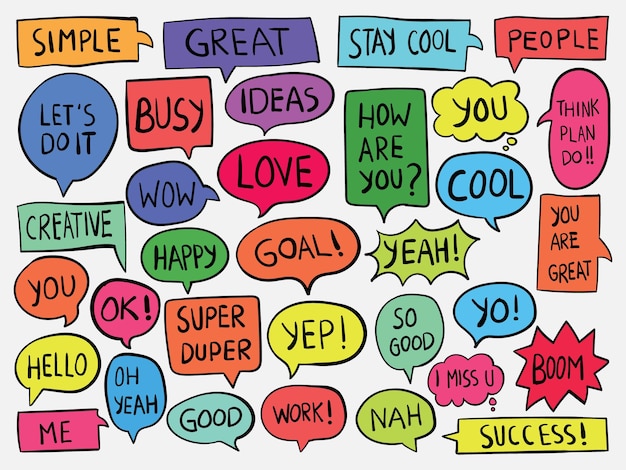Bulles de dialogue de collection colorée dessinées à la main Vecteur gratuit
