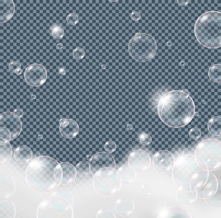 Bulles de mousse de savon isolés sur fond transparent. Illustration réaliste.