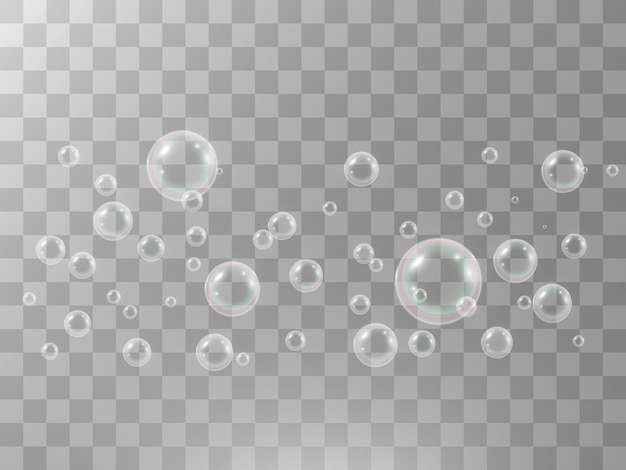 Bulles de savon d'air sur fond transparent. Illustration vectorielle d'ampoules.