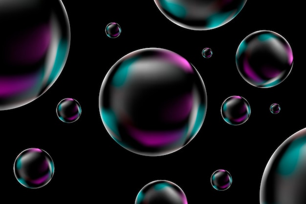 Bulles de savon mousseuses réalistes avec des couleurs arc-en-ciel sur fond noir isolé