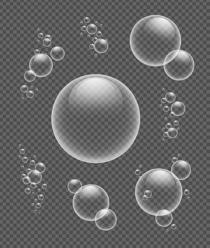 Vecteur bulles de savon transparentes sur fond sombre.