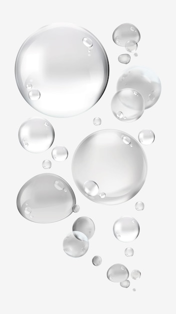 Bulles transparentes flottantes sur un fond blanc Les bulles varient en taille créant une sensation légère et aérée Les bulles sont claires et sphériques améliorant l'effet aéré Ensemble d'éléments vectoriels de bulles de savon