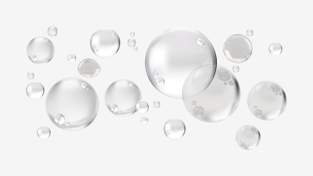 Des bulles transparentes flottantes sur un fond blanc Les bulles varient en taille créant une sensation ludique et aérée Les bulles ajoutent une touche de lumière capricieuse à la scène Set d'éléments vectoriels de bulles de savon