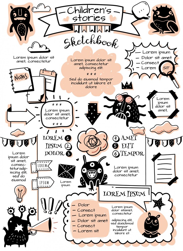 Vecteur bullet journal doodle éléments infographiques. bullet journal doodle éléments infographiques et monstres pour enfants. images de style dessin animé dessinées à la main. affiche verticale