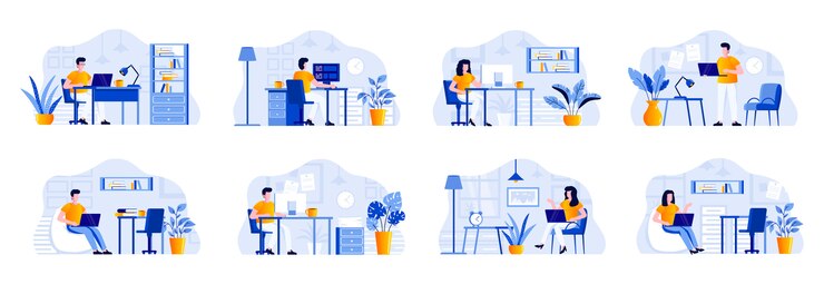 Vecteur bundle de bureau de coworking avec des personnages. concepteurs et développeurs travaillant avec des ordinateurs dans des situations de coworking en espace ouvert. employés et frelancers au lieu de travail illustration plat