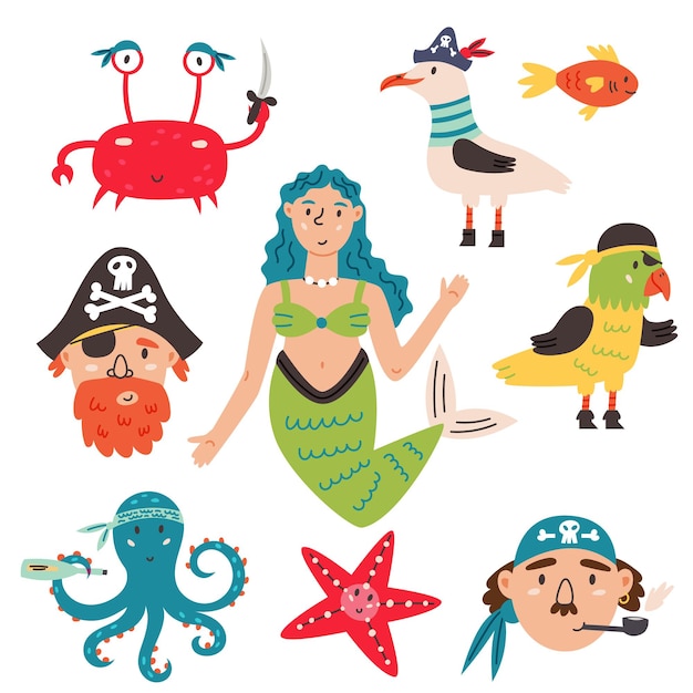 Bundle Set Pirate dans un style dessiné à la main. Éléments de conception pépinière navire de voyage, île déserte, phare, bombe, drapeaux, ancre, barre, boussole, trésor, carte, bombe, personnage