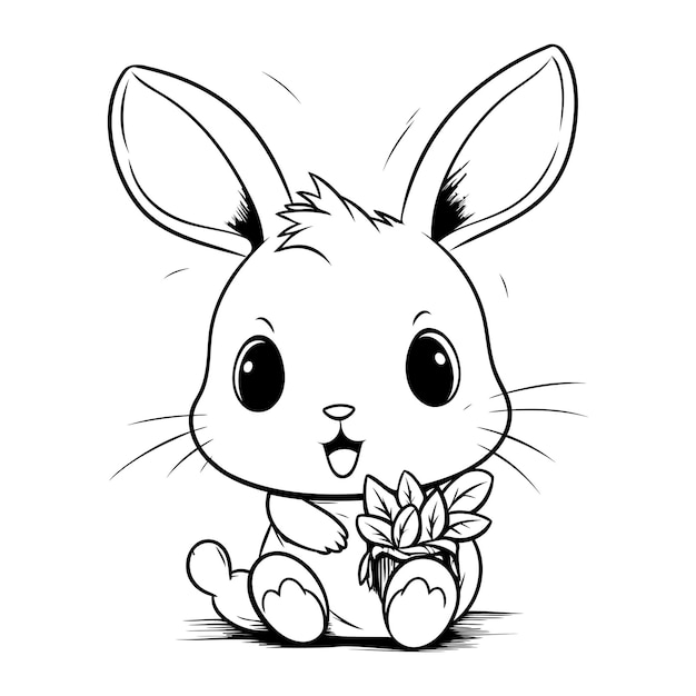 Vecteur bunny de dessin animé mignon avec une fleur illustration vectorielle pour livre à colorier