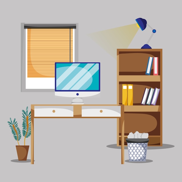 Vecteur bureau avec bureau et accessoires à plat pour travailler illustration vectorielle