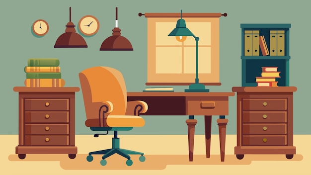 Vecteur un bureau à domicile traditionnel présentant un bureau en bois économisé, une chaise de bureau en cuir vintage