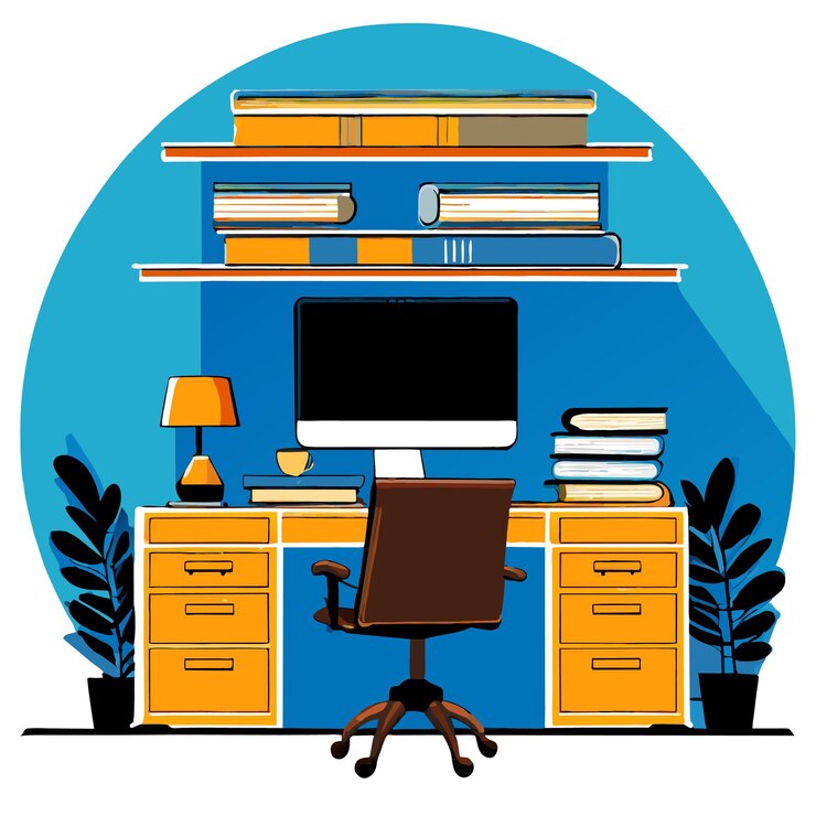 Vecteur bureau et étagères avec pile de livres illustration vectorielle