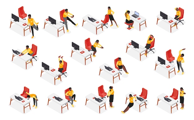Le bureau s'étend sur un ensemble isométrique de personnes faisant de l'exercice physique sur le lieu de travail pendant une pause de travail illustration vectorielle isolée