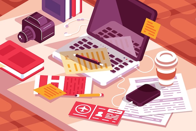 Bureau de travail en illustration vectorielle de bureau Lieu de travail avec ordinateur portable smartphone moderne caméra documents billets d'avion et tasse de café concept de style plat
