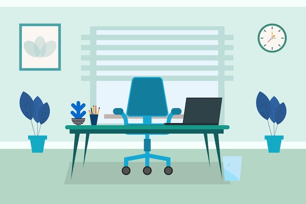 Un bureau vert avec une chaise bleue et un ordinateur portable sur la table.