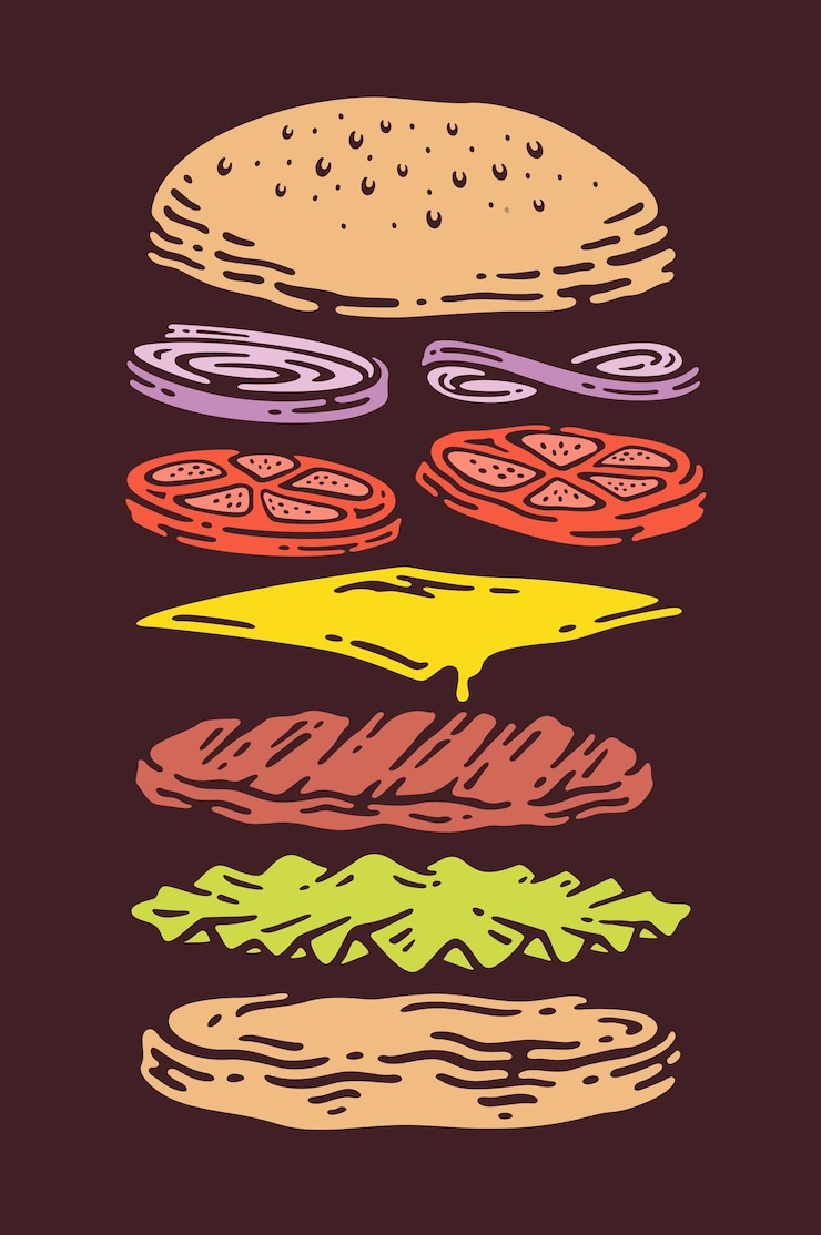 Vecteur burger au fromage avec des couches ou des ingrédients dessinés à la main