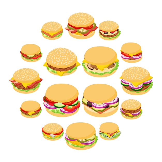 Burger Classic Icons Set, Style Isométrique