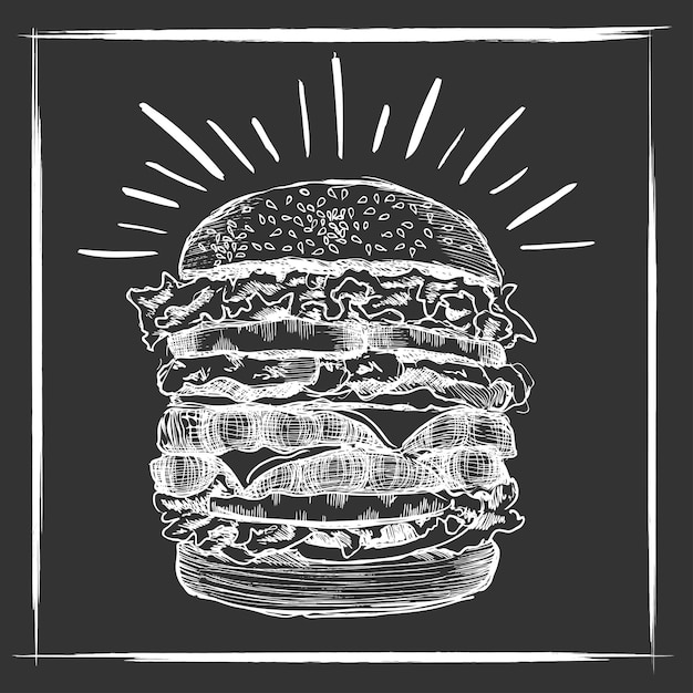 Burger dessiné à la main noir de vecteur sur fond blanc