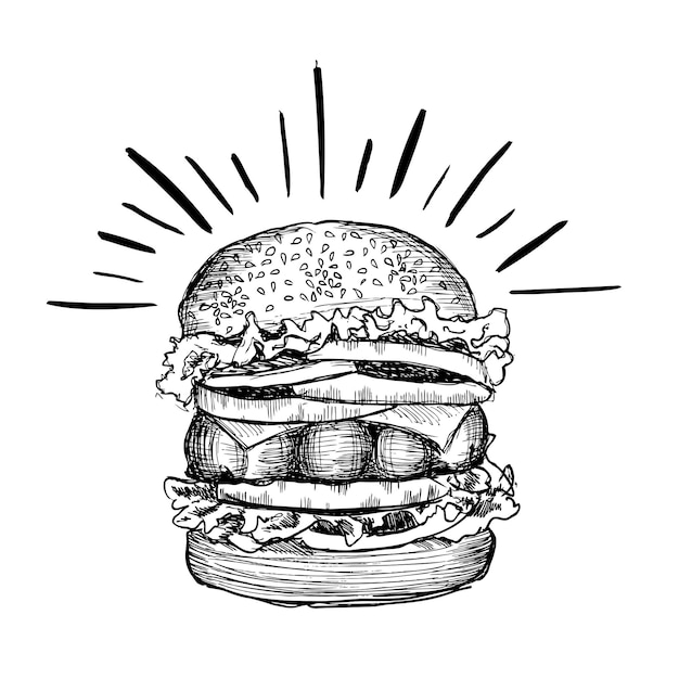 Burger dessiné à la main noir de vecteur sur fond blanc