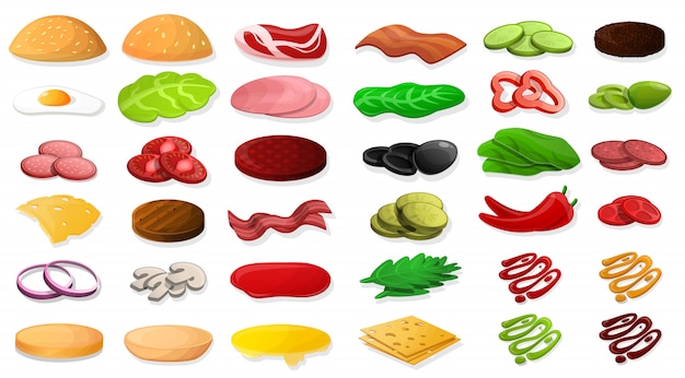 Burger Element Food Icon Set, Style De Bande Dessinée