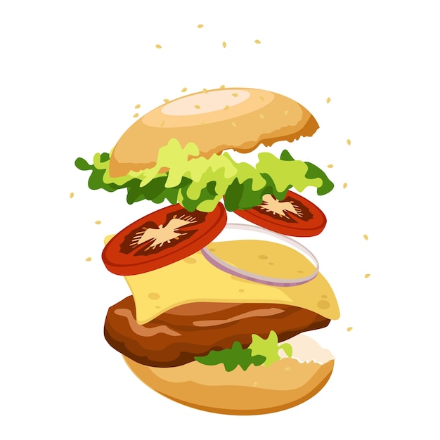 Burger Avec Escalope Tomates Fromage Laitue Oignon Cartoon Illustration Isolé Sur Fond Blanc