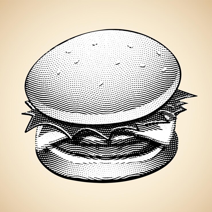 Vecteur burger gravé scratchboard avec remplissage blanc