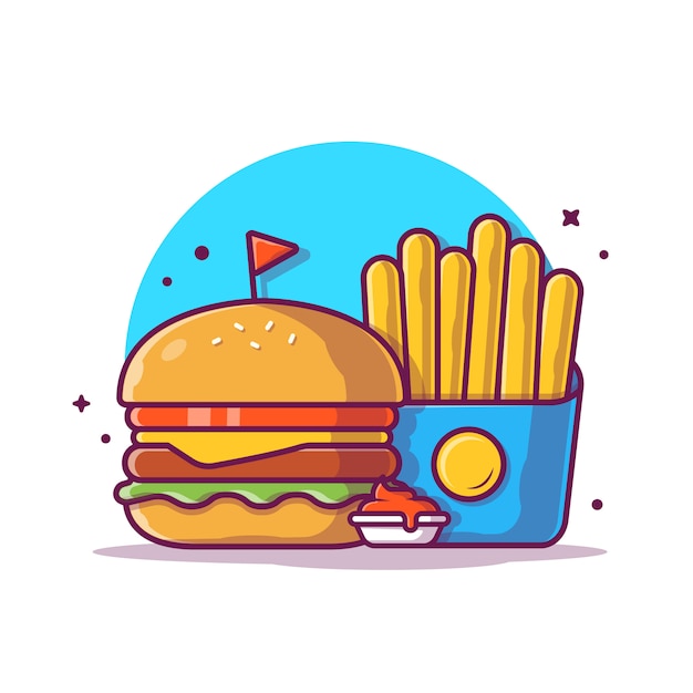 Burger Avec Illustration D'icône De Frites Françaises. Concept D'icône De Restauration Rapide Isolé. Style De Dessin Animé Plat