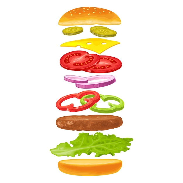 Burger avec des ingrédients volants comprennent chignon salade de tomates fromage oignon concombre Illustration vectorielle couleur plate isolée sur fond blanc Pour l'icône de bannière de menu affiche verticale