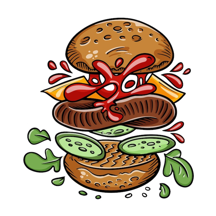 Vecteur burger avec des ingrédients volants image de vecteur de dessin animé dessinée à la main
