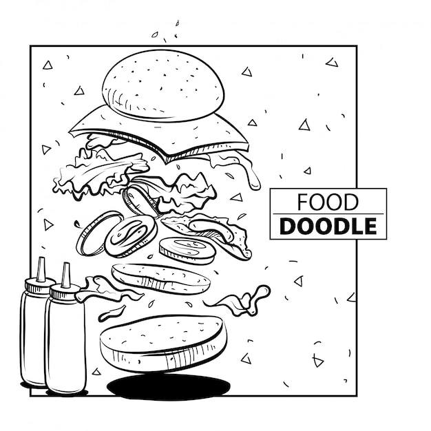 Vecteur burger jump doodle food. noir et blanc. à main levée