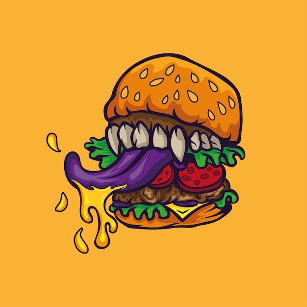 Burger Monstre Avec Des Dents Et De La Moutarde