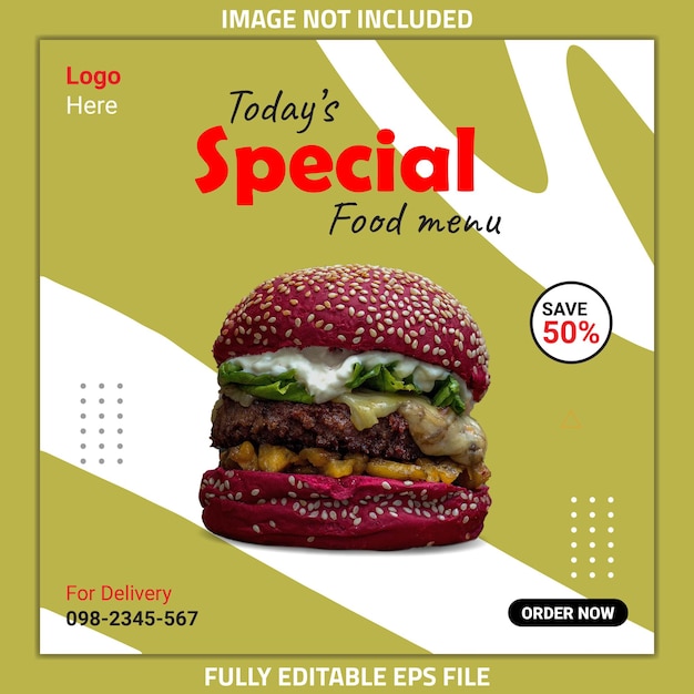 Vecteur burger social media post template, food post template, food discount post