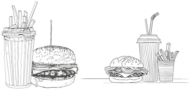 Burger soda et frites à emporter nourriture dans le style de dessin de ligne continue