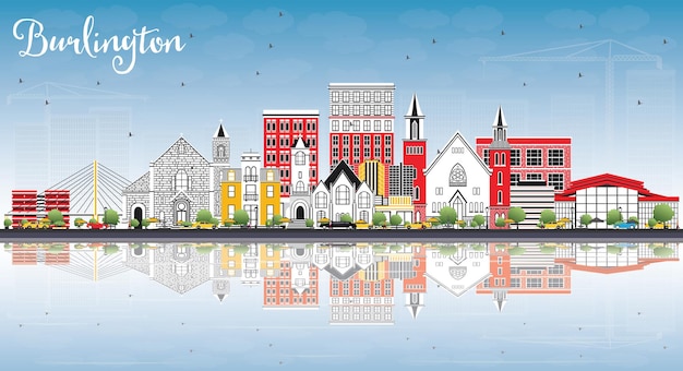 Burlington Iowa Skyline Avec Bâtiments De Couleur, Ciel Bleu Et Reflets. Illustration Vectorielle. Voyage D'affaires Et Tourisme Illustration Avec Architecture Historique.