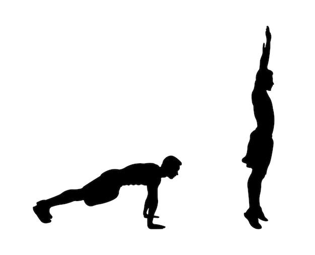 Vecteur burpee, exercice, silhouette, séance entraînement, formation, hommes, illustration