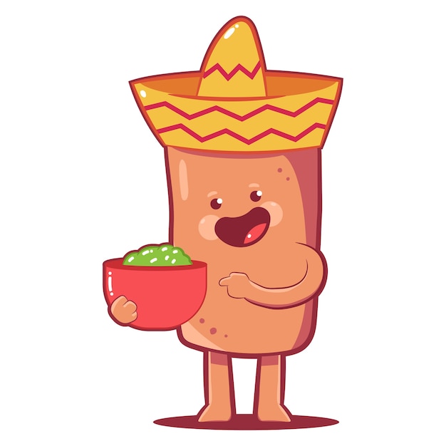 Burrito Mignon Au Chapeau Sombrero Avec Personnage De Dessin Animé De Sauce Guacaamole