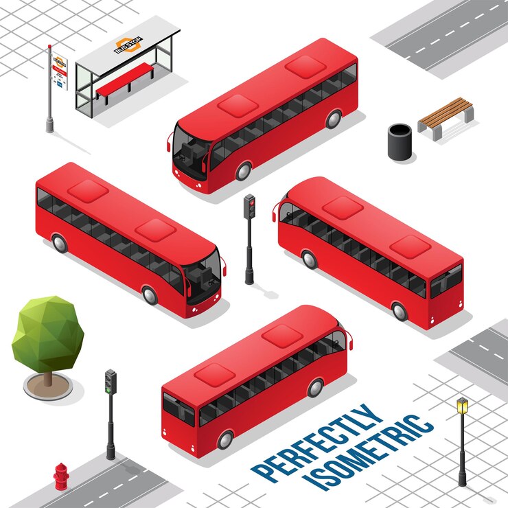 Vecteur bus isométrique rouge de l'avant vers l'arrière à droite et à gauche