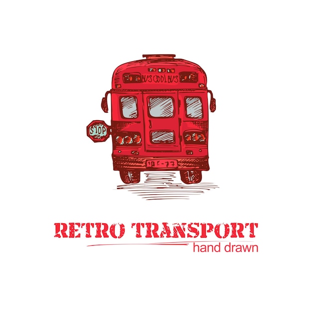 Bus rétro rouge dessiné à la main isolé sur fond blanc Camion vintage dans le style de croquis Conception d'art pour la bannière de flayer affiche Illustration