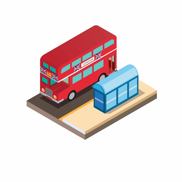 Bus rouge à impériale britannique avec halte isométrique