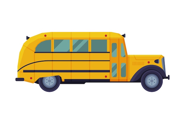 Bus scolaire jaune vintage vue latérale élèves de l'école véhicule de transport illustration vectorielle de style plat